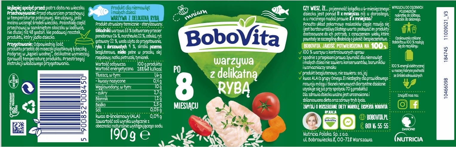 Lunch for children BoboVita vegetables with delicate fish after 8 months 190 g Brand Bobovita