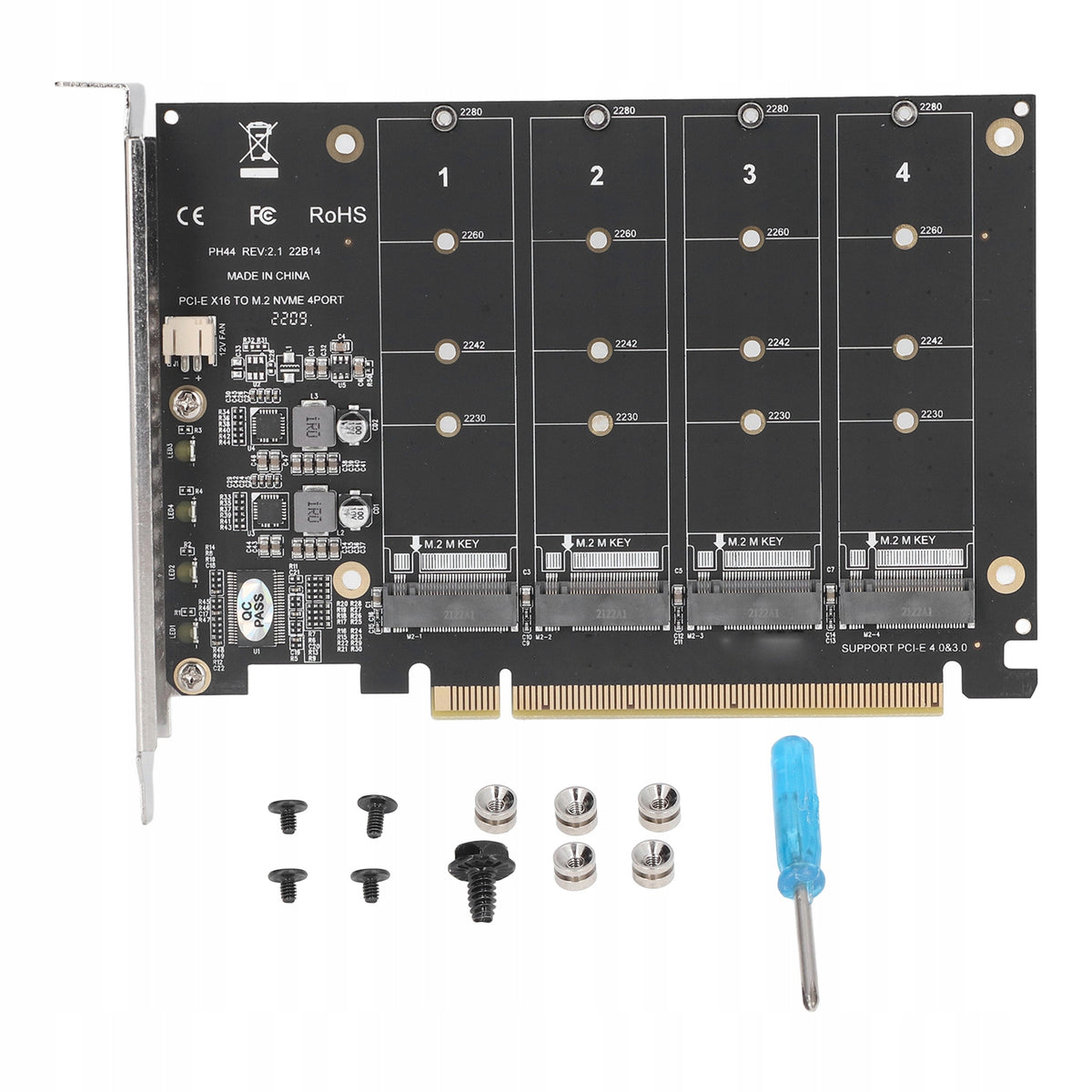 M2 NVME SSD ADAPTER CARD FOR PCIE X16 WITH 4 PORTS 4X32GBPS WITH LEDS Packaging status original
