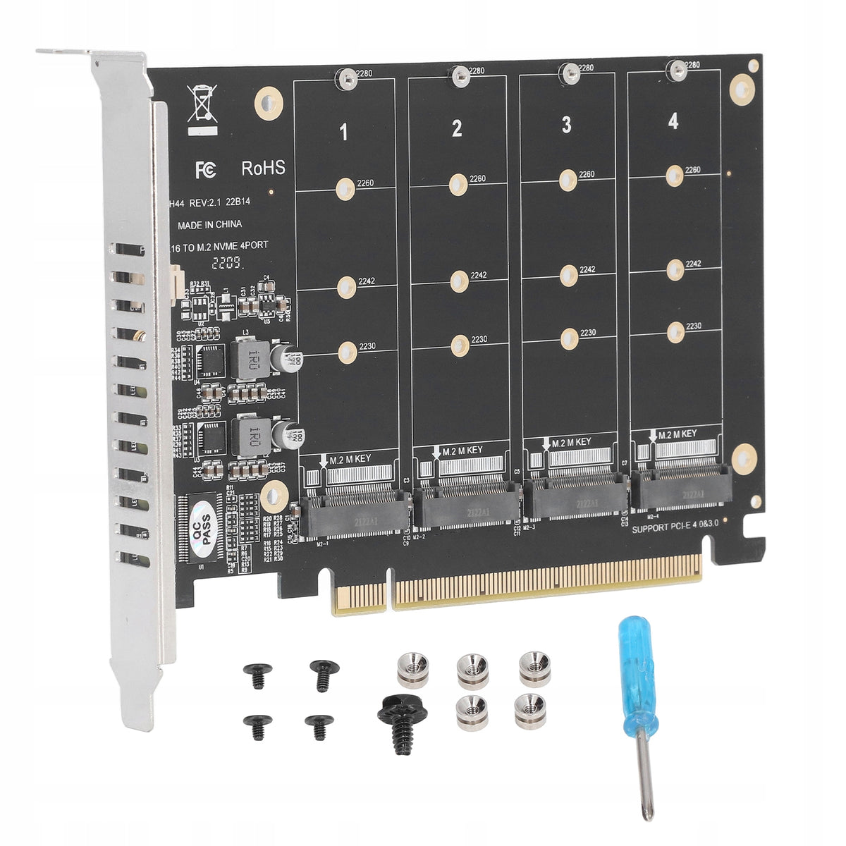 M2 NVME SSD ADAPTER CARD FOR PCIE X16 WITH 4 PORTS 4X32GBPS WITH LEDS