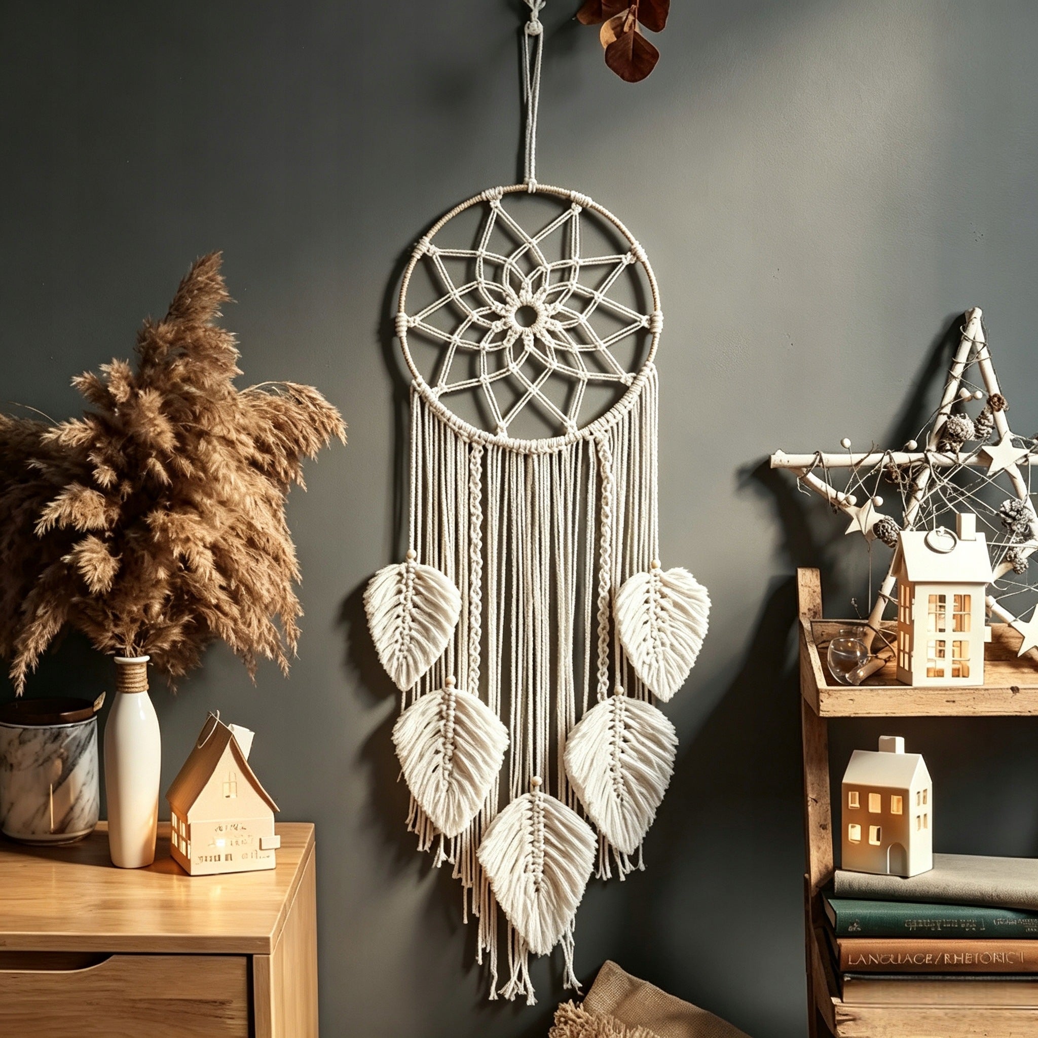 MACRAME ON THE WALL BOHO DREAM CATCHER WALL DECORATION WITH STRING DECORATIVE LEAVES Manufacturer code MAKRAMA NA ŚCIANĘ BOHO ŁAPACZ SNÓW OZDOBA