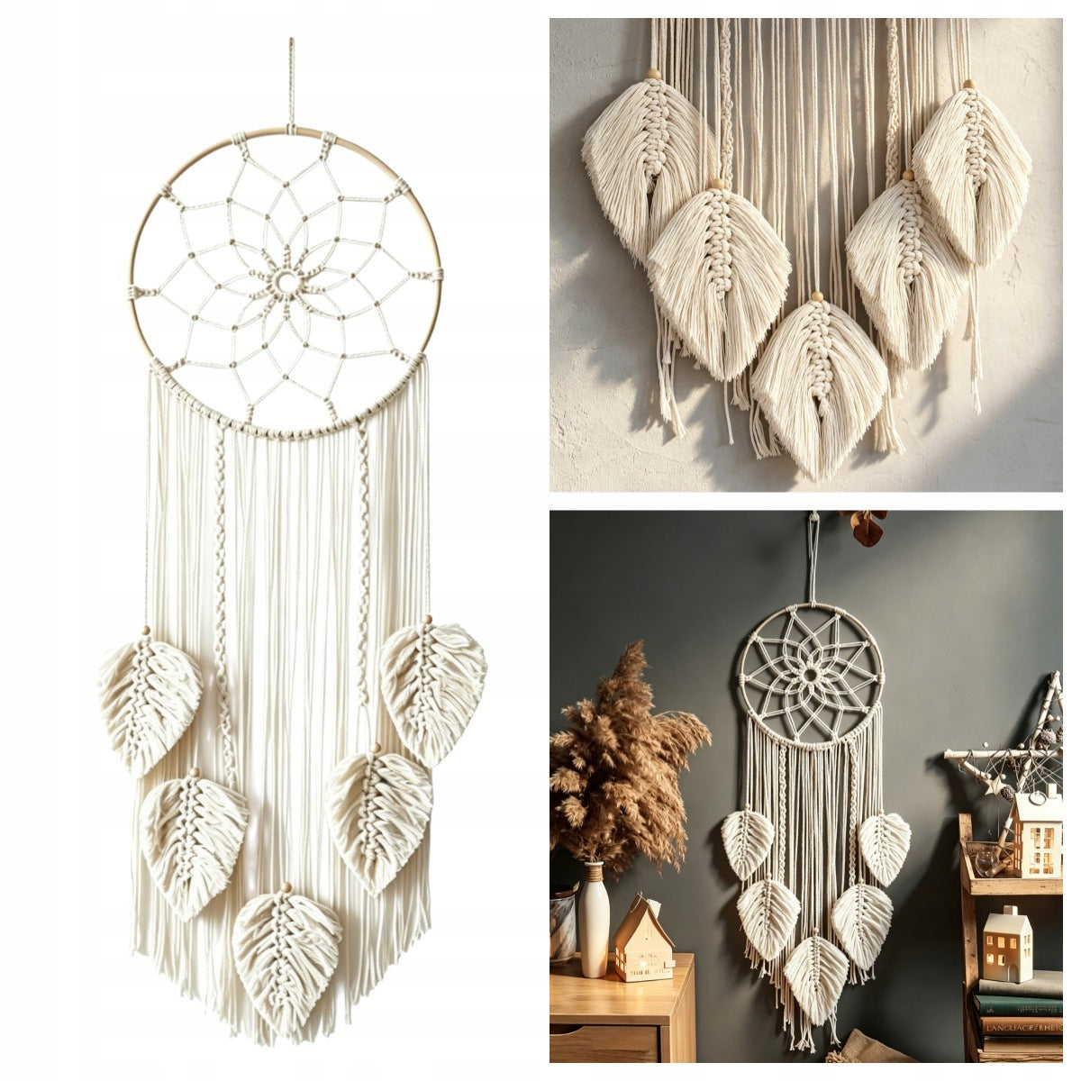 MACRAME ON THE WALL BOHO DREAM CATCHER WALL DECORATION WITH STRING DECORATIVE LEAVES