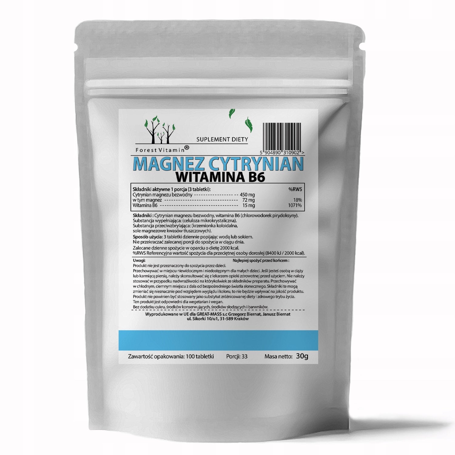 MAGNESIUM CITRATE MAGNESIUM 450 mg + B6 100 tab STRONG WORKING SMALL TABLETS Brand Forest Vitamin