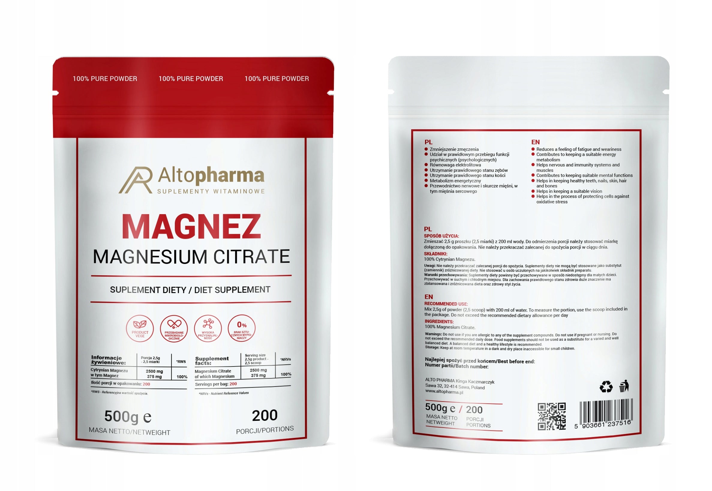 MAGNESIUM POWDER MAGNESIUM CITRATE 100% Alto Pharma 500g vege Brand Alto Pharma