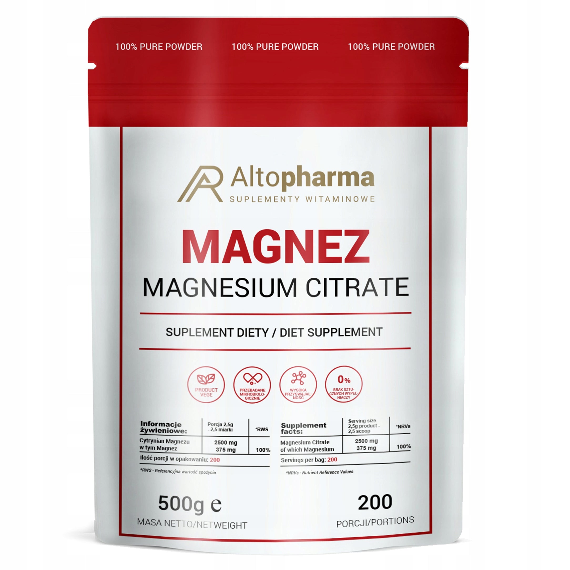 MAGNESIUM POWDER MAGNESIUM CITRATE 100% Alto Pharma 500g vege