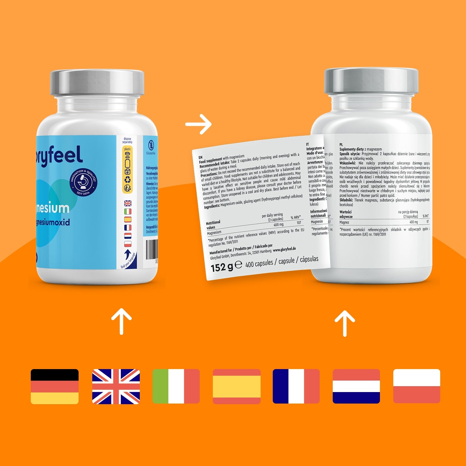 MAGNEZ 760 mg, w tym 400 mg magnezu na dawkę - 400 kapsułek - gloryfeel EAN (GTIN) 4260619422044
