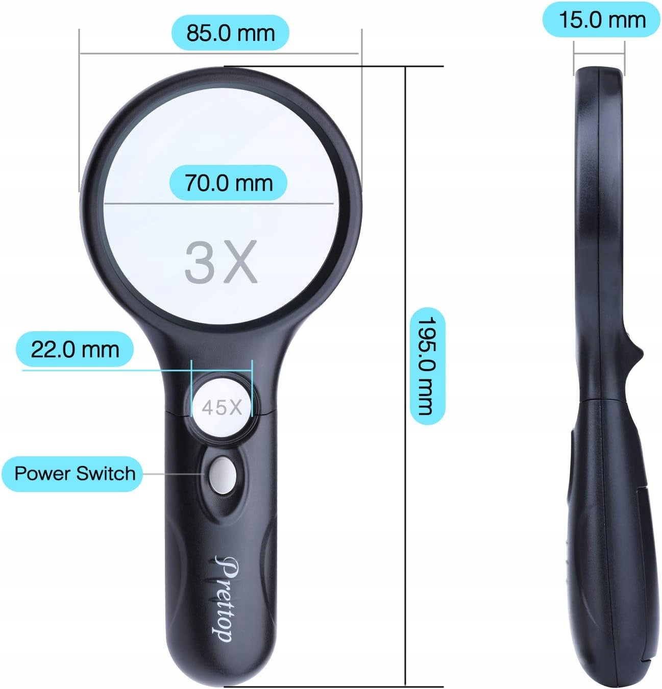 MAGNIFYING GLASS 45X 3 LED PRETTOP BLACK MAGNIFIER Brand no brand