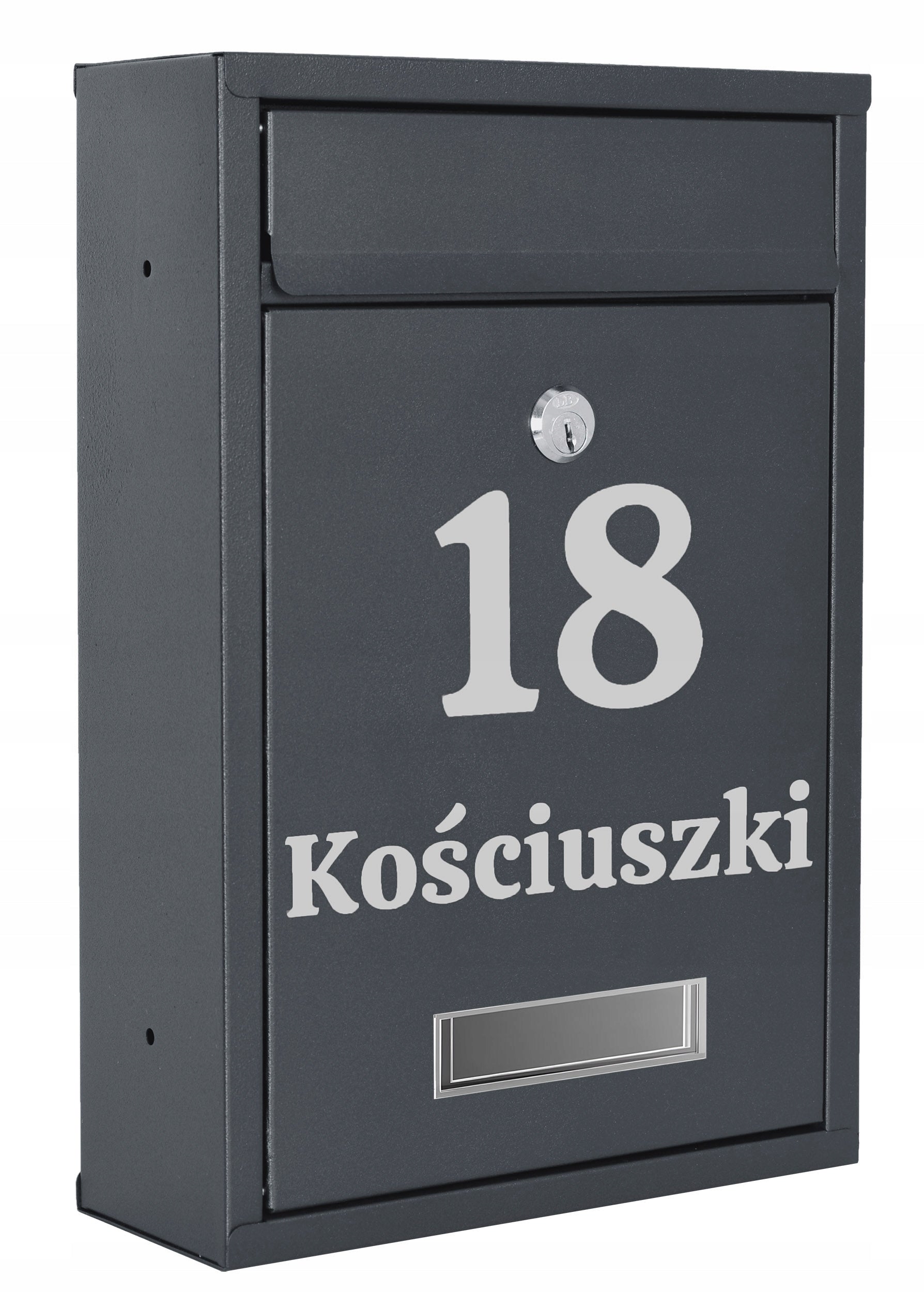 MAILBOX FOR LETTERS MAIL WITH HOUSE NUMBER STREET NAME INSCRIPTION ANTHRACITE