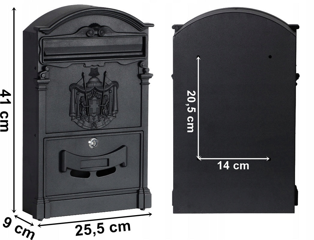 MAILBOX FOR LETTERS RUSTIC RETRO VINTAGE BLACK STEEL Box type with a newspaper holder