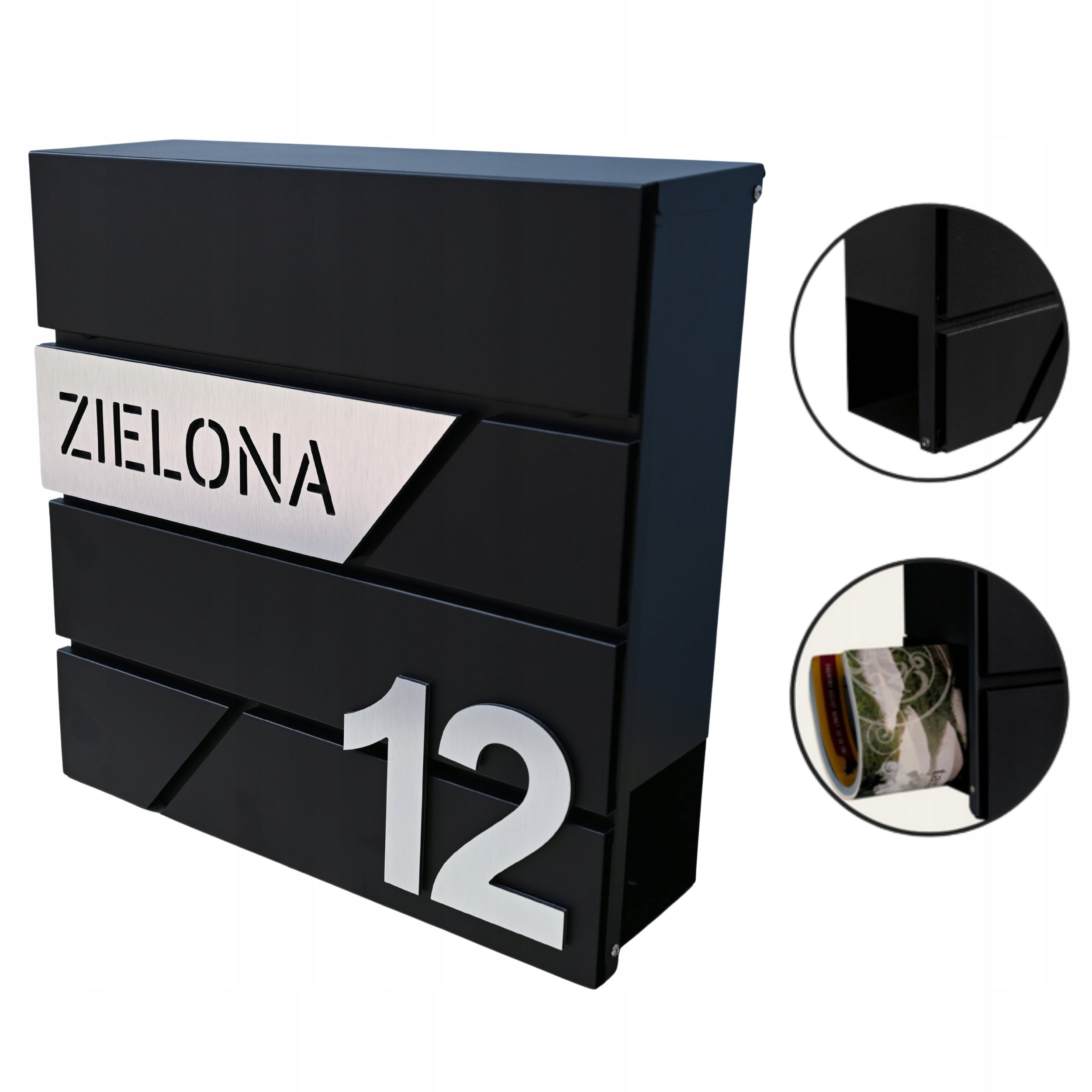 MAILBOX FOR LETTERS WITH ADDRESS HOUSE NUMBER PATTERNS LARGE BLACK RAL 9005 EAN (GTIN) 5906361201672