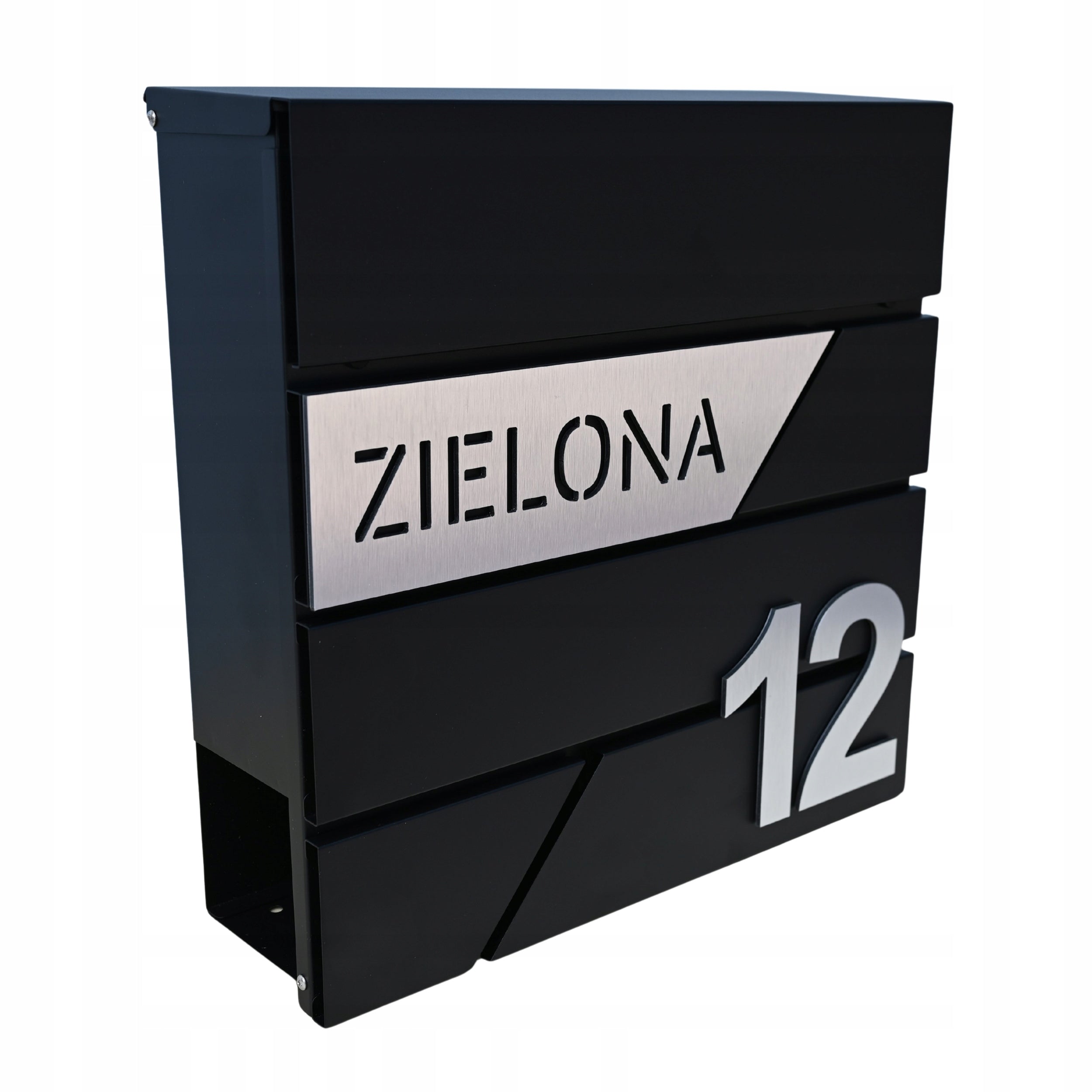 MAILBOX FOR LETTERS WITH ADDRESS HOUSE NUMBER PATTERNS LARGE BLACK RAL 9005 Manufacturer code Czarna skrzynka na listy personalizowana