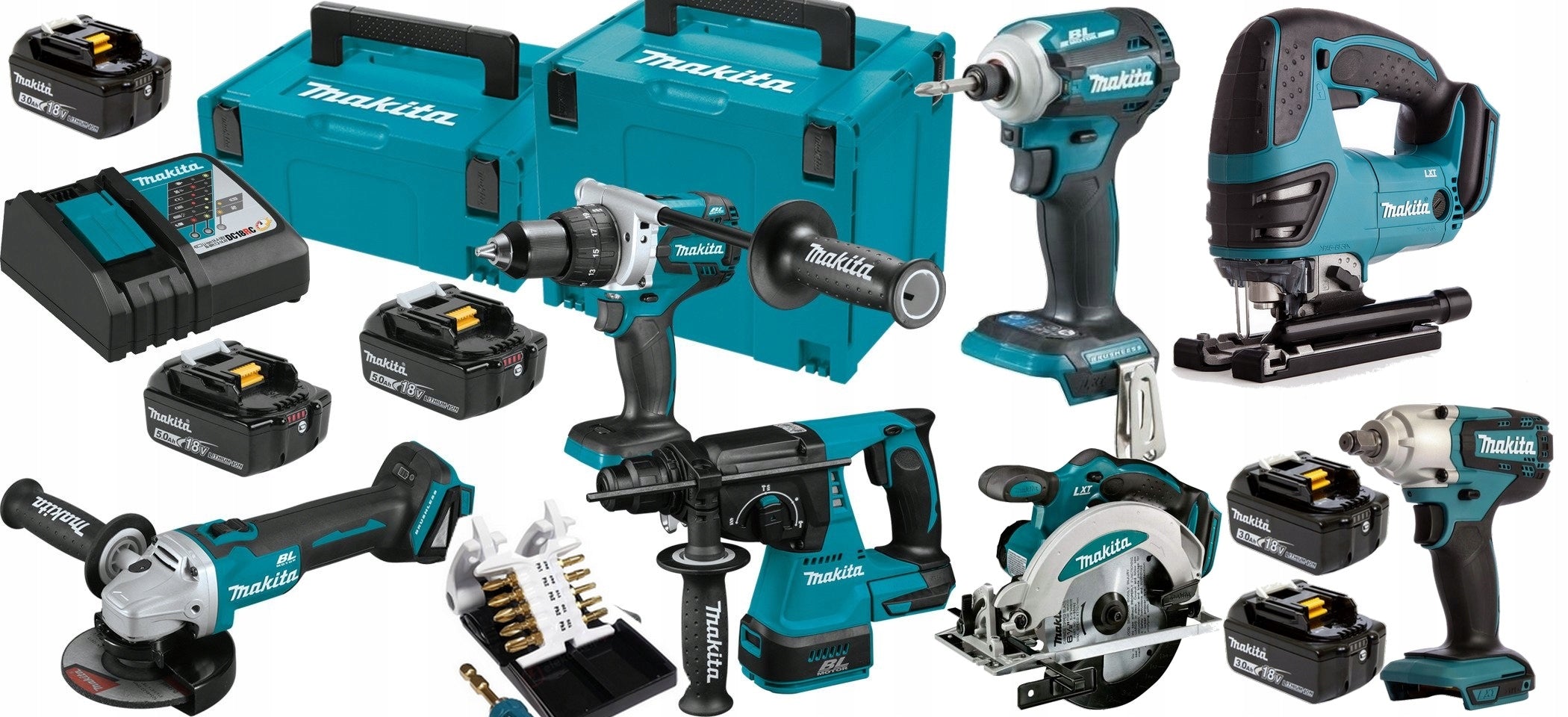 MAKITA COMBO SET 7PCS TOOLS 18V 5X5AH BITS