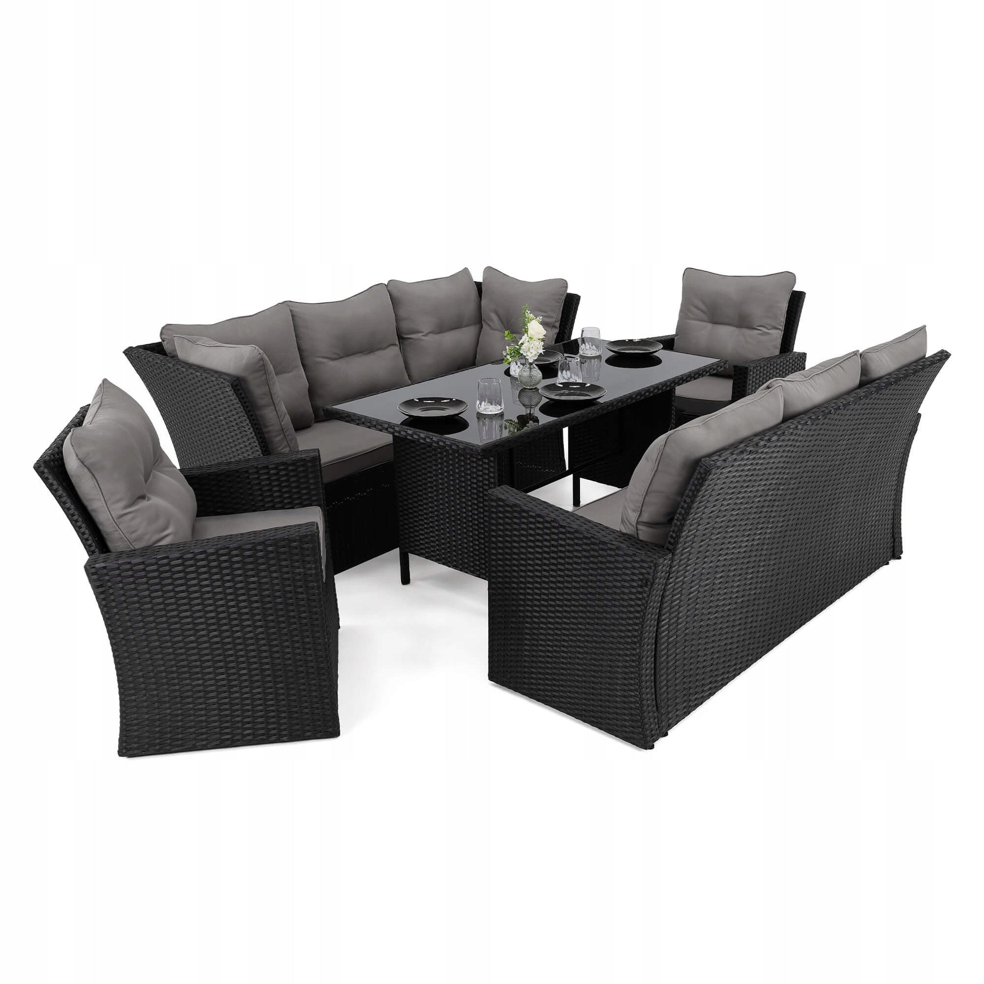 MALAGA Garden Furniture Set for 9 People Black Cushions Grey Packaging status original