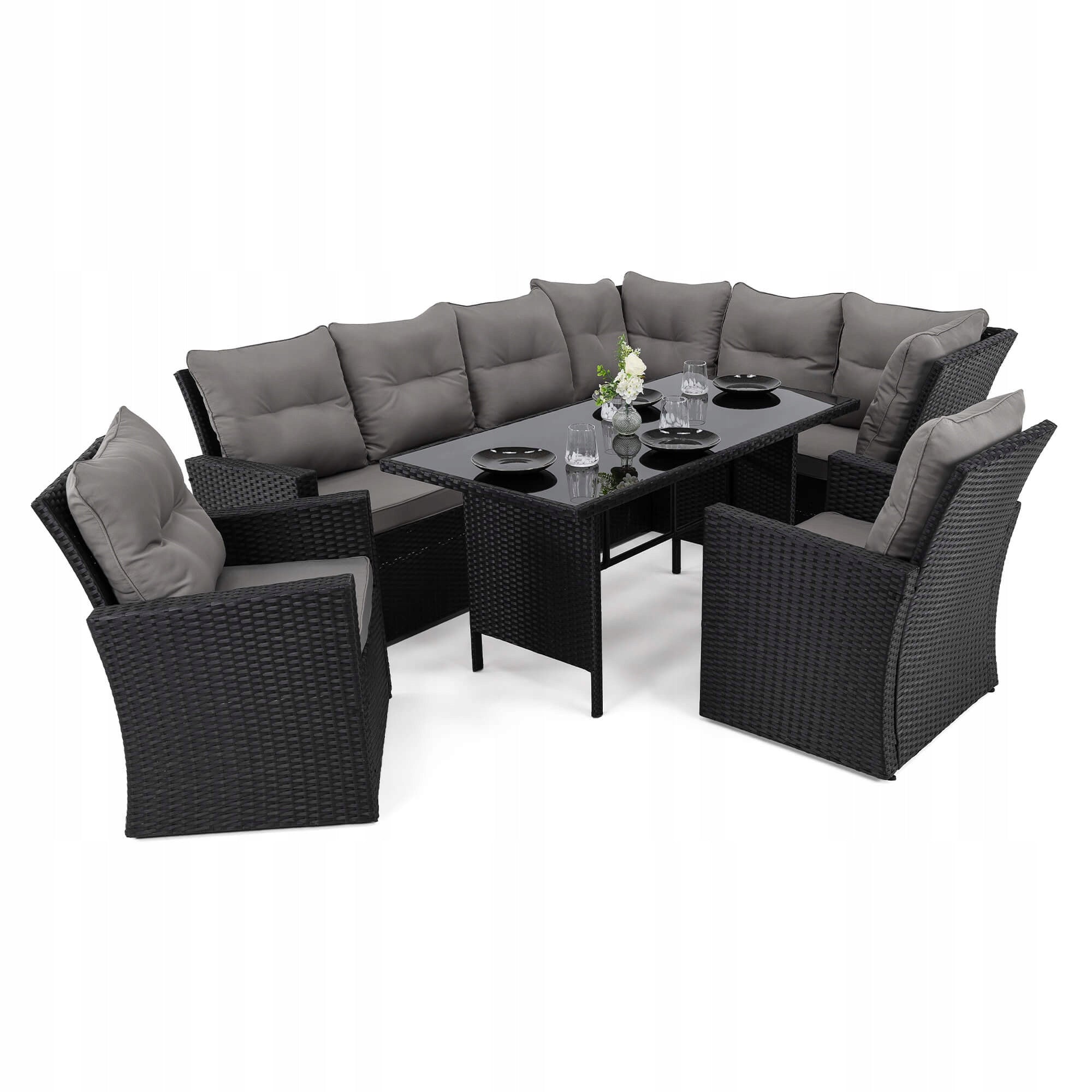 MALAGA Garden Furniture Set for 9 People Black Cushions Grey