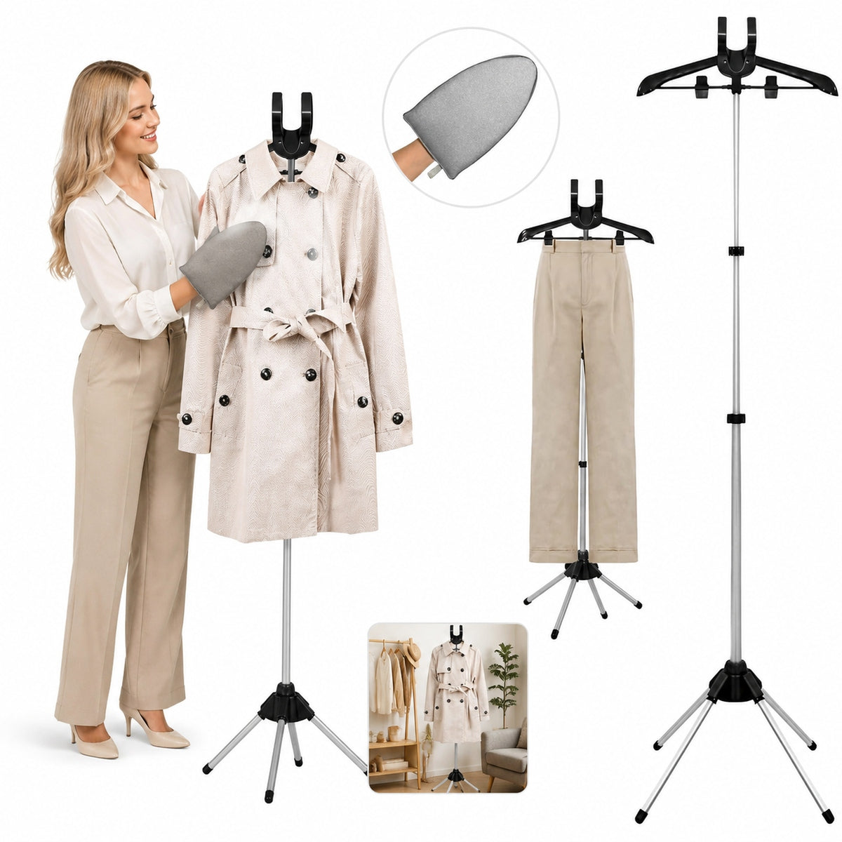 MANUAL CLOTHES STEAMER RACK ADJUSTABLE HEIGHT FOR COATS, SHIRTS