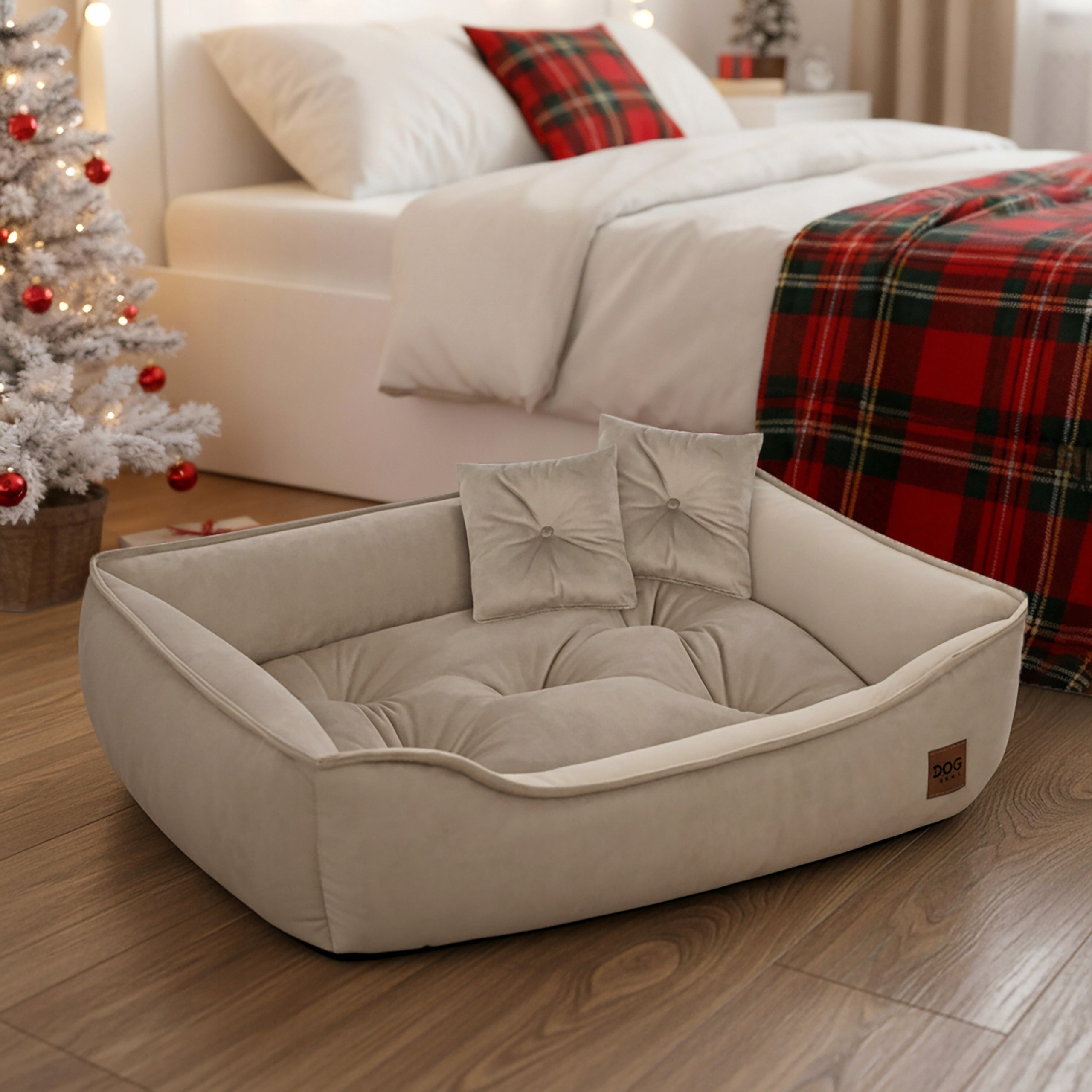 MARCO DOG BED WITH PILLOWS VELVET COUCH PREMIUM 90x60 BEIGE Length 90 cm