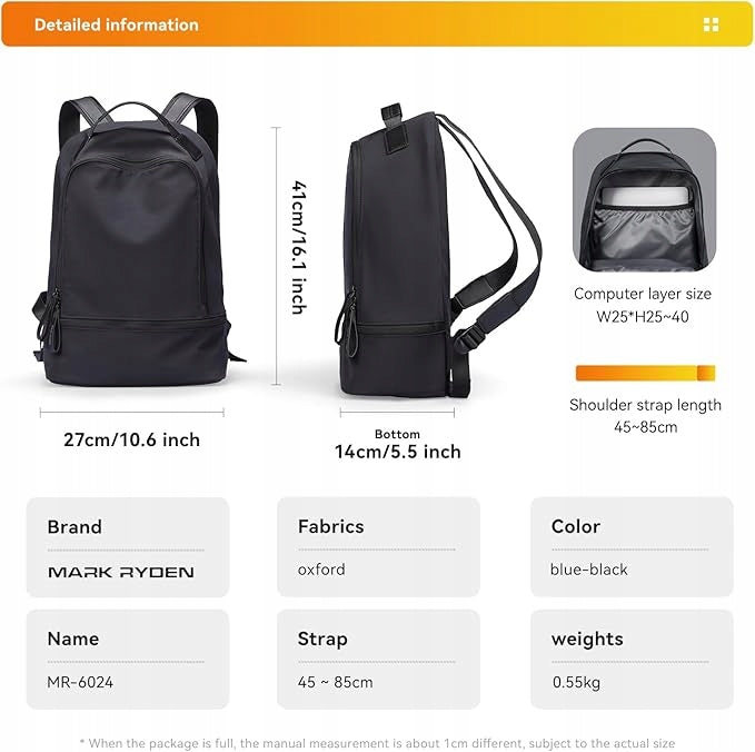 MARK RYDEN Backpack with Laptop Pocket, YKK Zipper, Waterproof Black Brand no brand