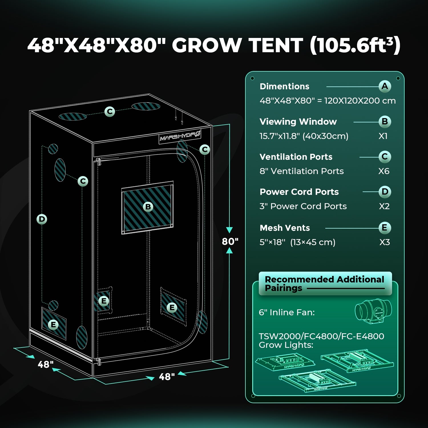 MARS HYDRO Indoor Grow Tent 120X120X200cm Reflective Mylar Non Toxic Box Packaging status original