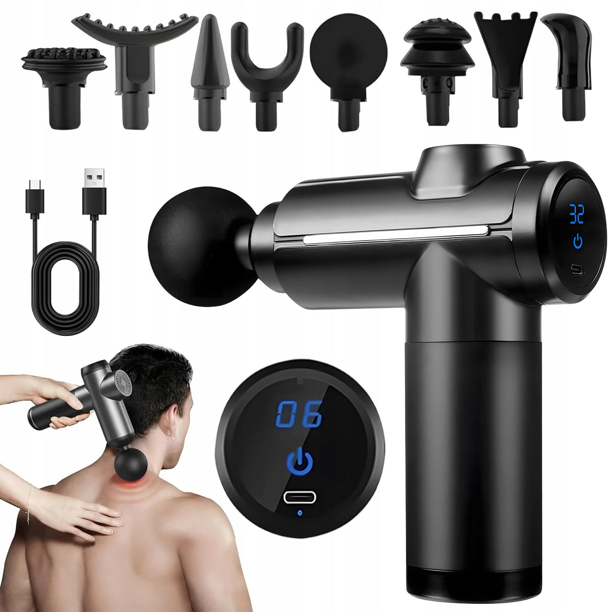 MASSAGE GUN,HANDY MASSAGE GUN 8 ATTACHMENTS,32 LEVELS,LCD