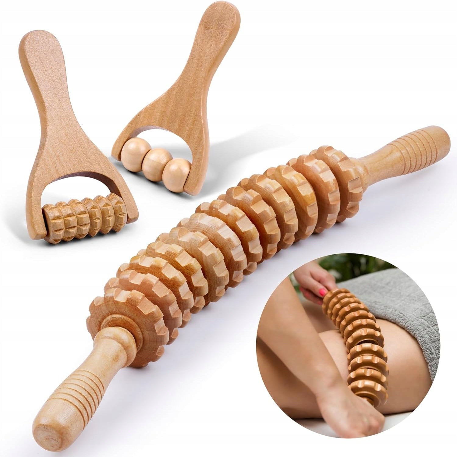 MASSAGE ROLLER WITH HANDLE, ERGONOMIC SHAPE, WOODEN MASSAGE ROD Product weight with unit packaging 0.51 kg