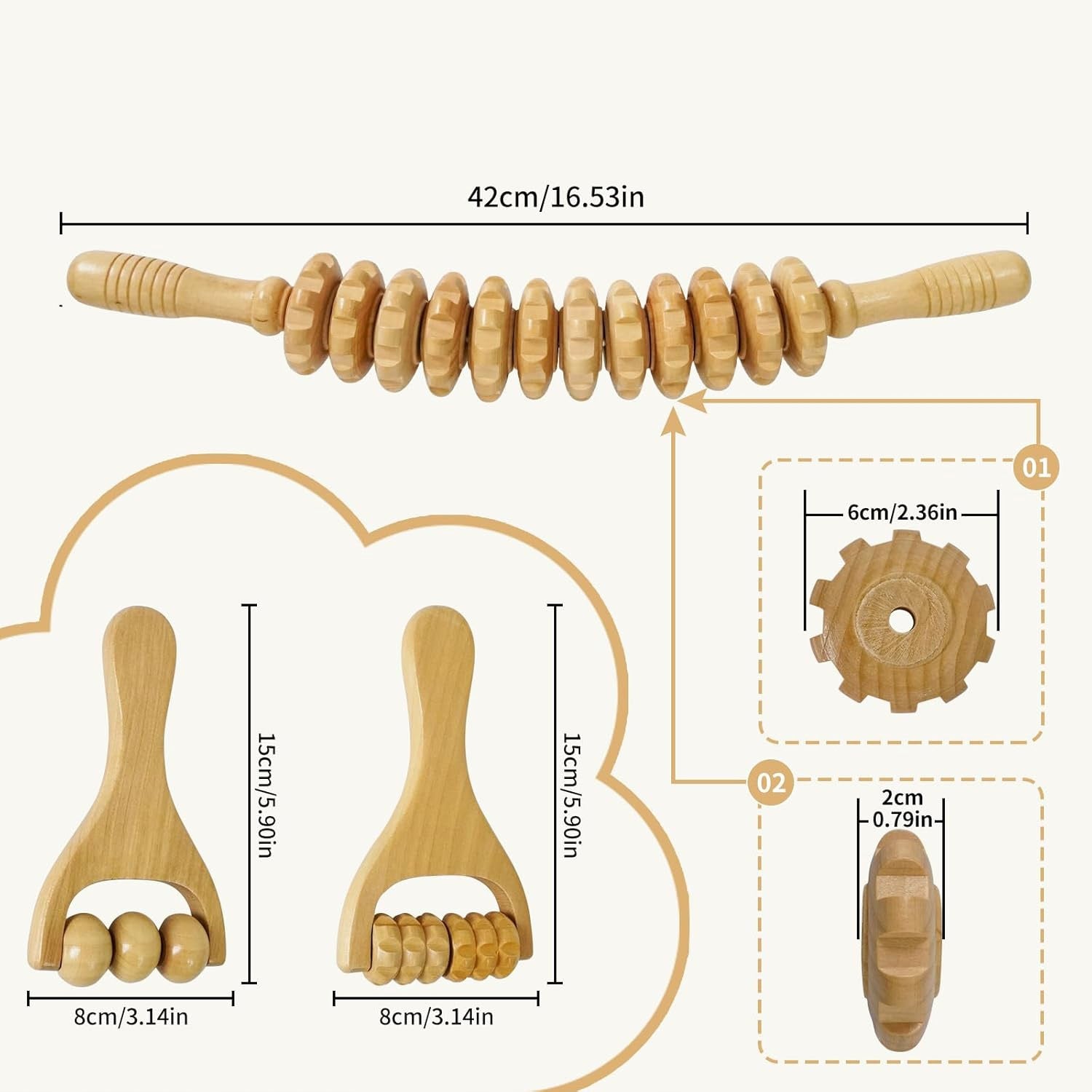MASSAGE ROLLER WOODEN ROLLER BODY MASSAGER ANTI-CELLULITE PROFILED Medical device no