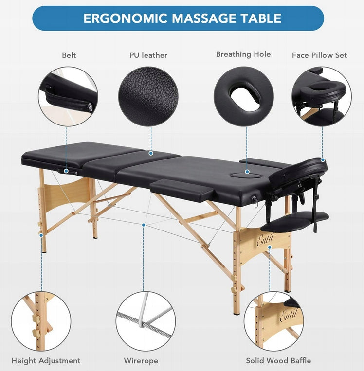 MASSAGE TABLE/BED 3 SECTIONS WOOD PORTABLE Color black