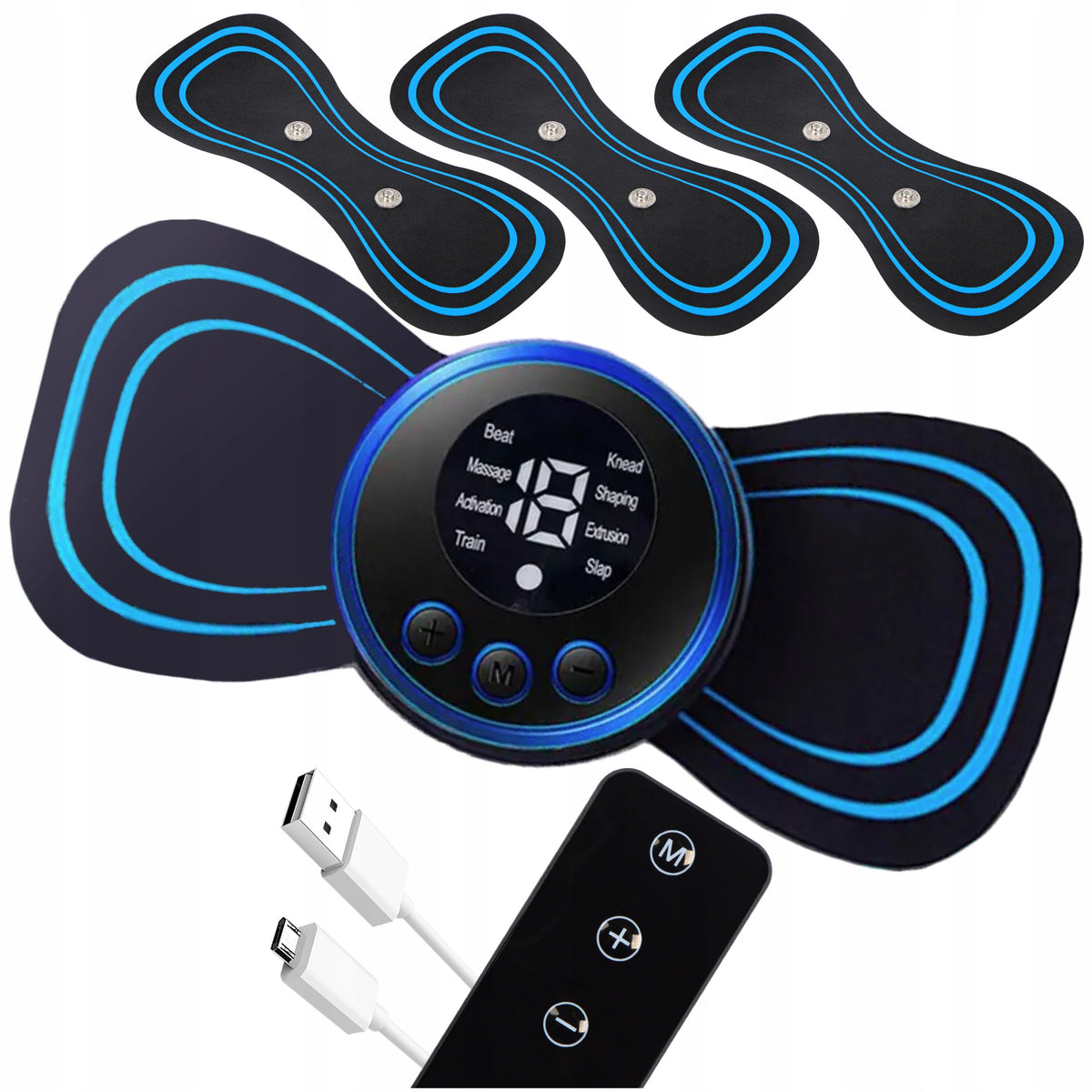 MASSAGER ABDOMINAL MUSCLE NECK ELECTROSTIMULATOR EMS 8 MODES REMOTE CONTROL 3 PATCHES