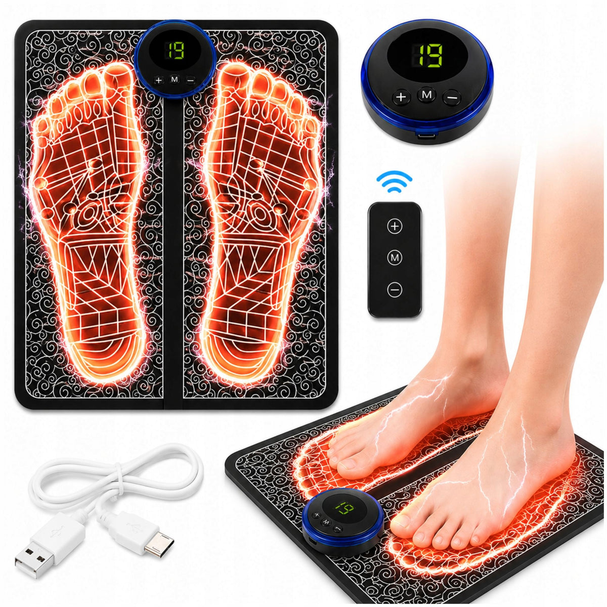 MAT EMS FOR FEET ELECTROSTIMULATOR MASSAGER LCD REMOTE CONTROL 8 MODES 19 LEVELS