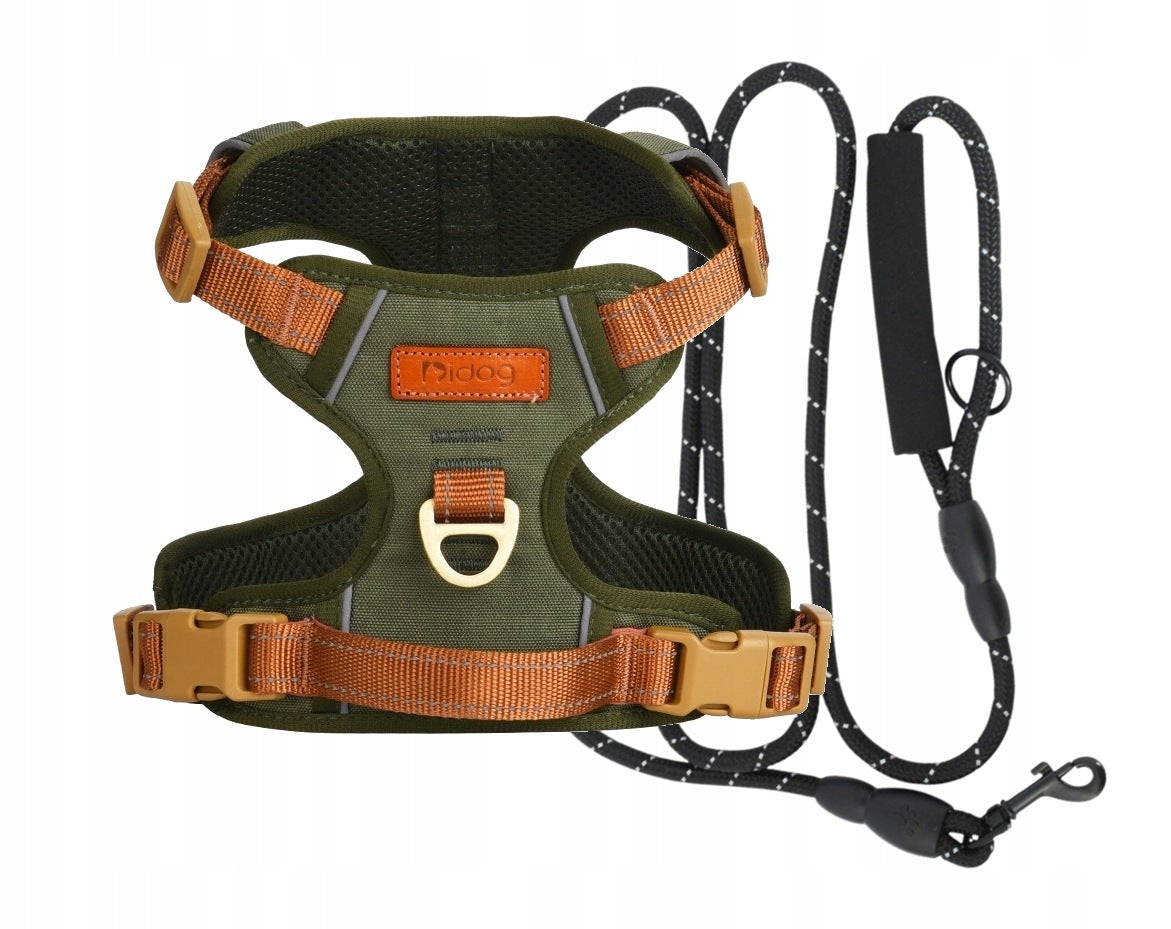 MATERIAL HARNESS SET FOR DOG + LEASH HERB/BROWN 43-56 cm (XS)