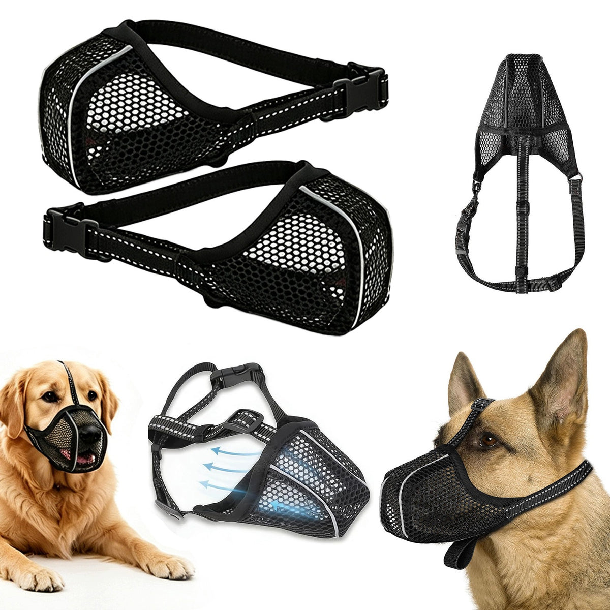 MATERIAL MUZZLE WITH DOG NET ADJUSTABLE COMFORTABLE REFLECTIVE 2 PCS
