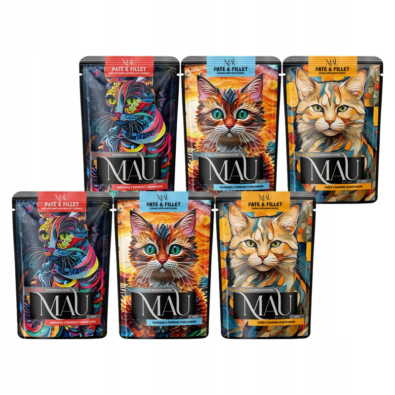MAU Pate and Fillet Wet Cat Food Mix of Three Flavors Set of 6 x 85 g
