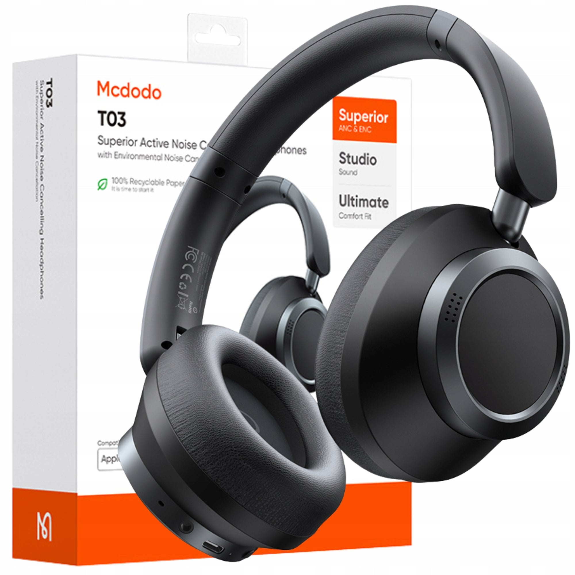 MCDODO BLUETOOTH WIRELESS ON-EAR HEADPHONES WITH MICROPHONE ANC BLACK