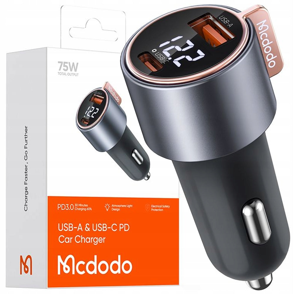 MCDODO POWERFUL FAST CAR CHARGER WITH METER 2X USB USB-C 75W LED