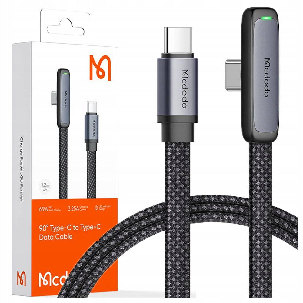 MCDODO USB-C CABLE ANGLED FAST CHARGING USB TYPE C 3A 65W BLACK 2M