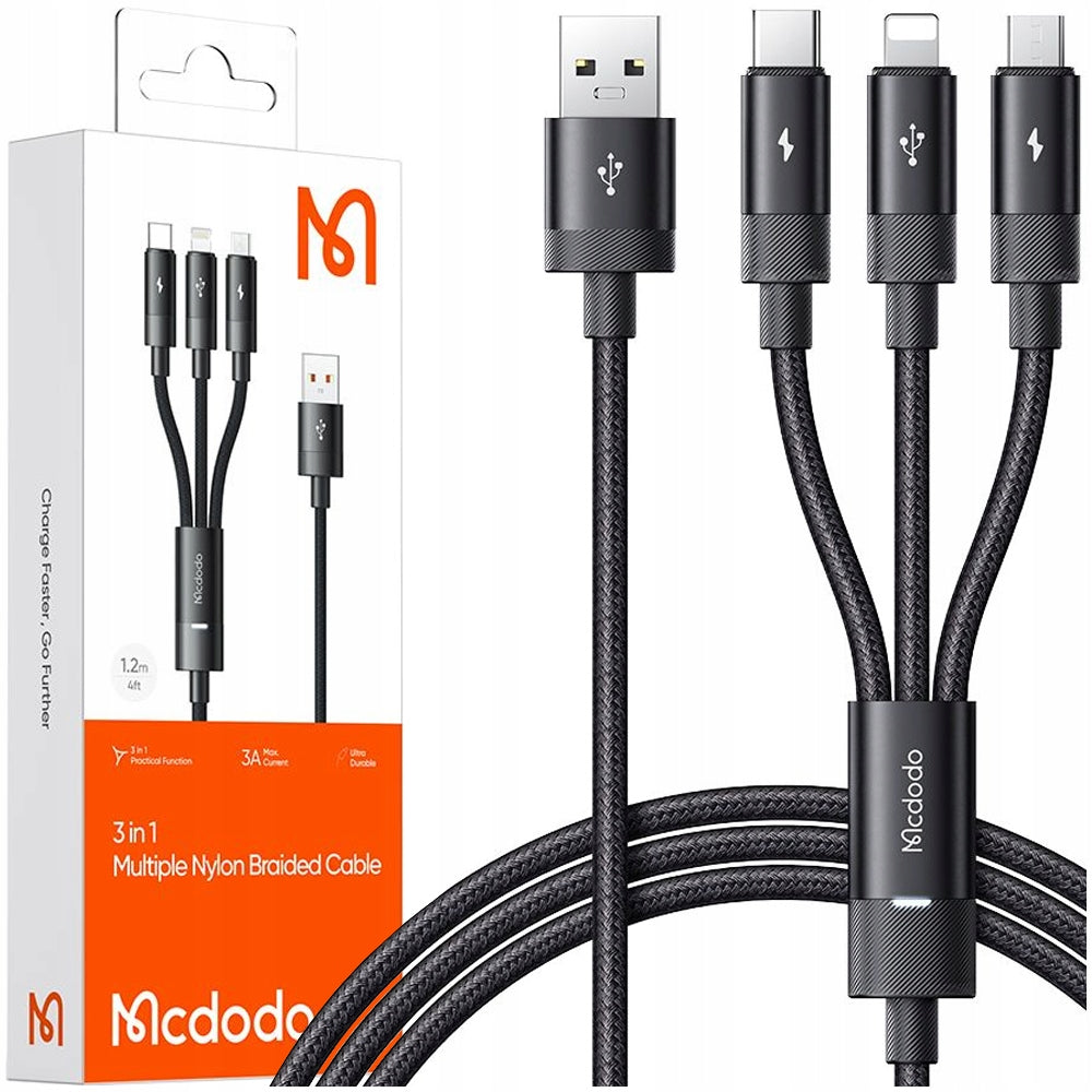 MCDODO USB CABLE 3IN1 FAST CHARGING USB-C LIGHTNING MICRO USB QC 1M LED
