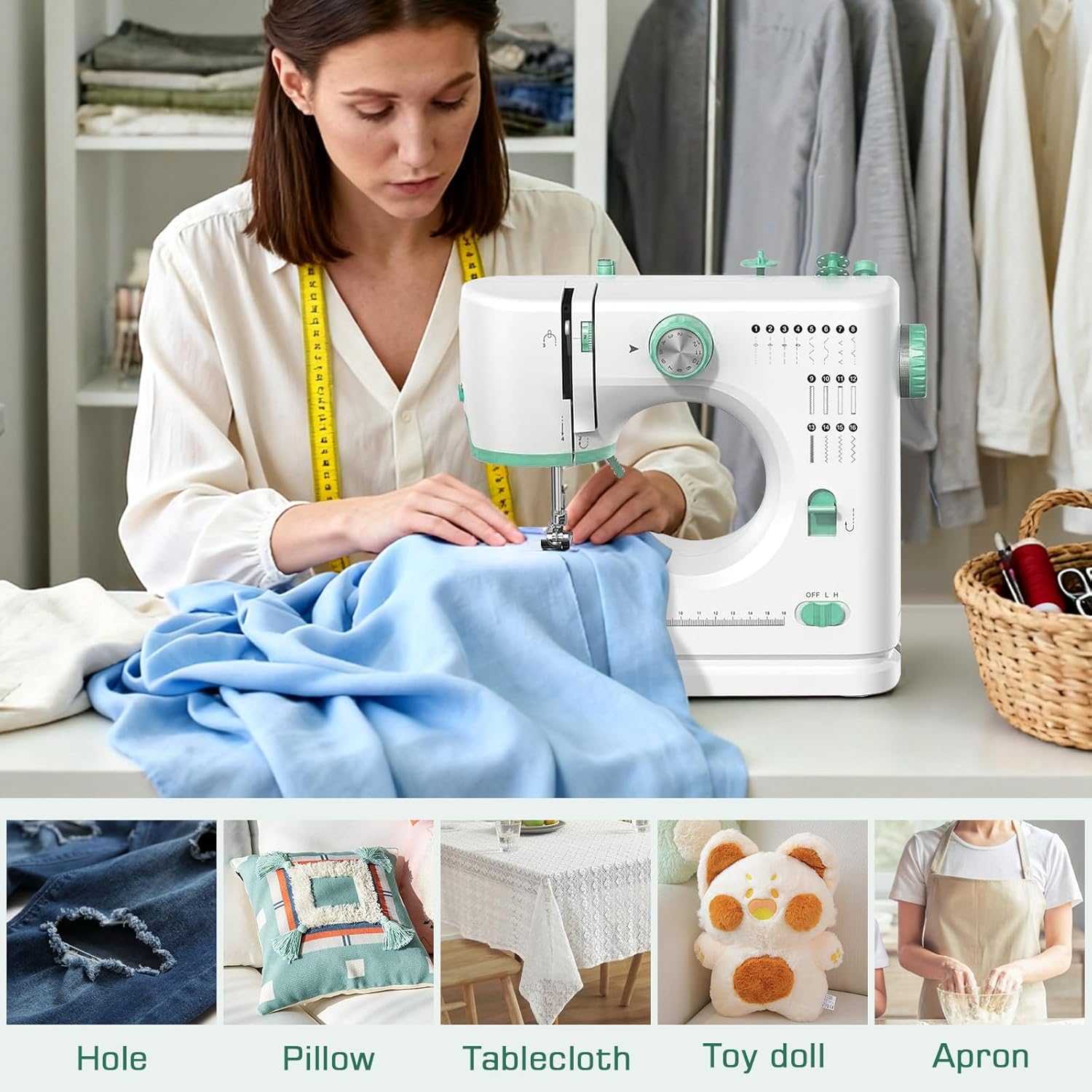 MECHANICAL SEWING MACHINE 16 STITCHES SET COMPLETE TABLE Batteries included no