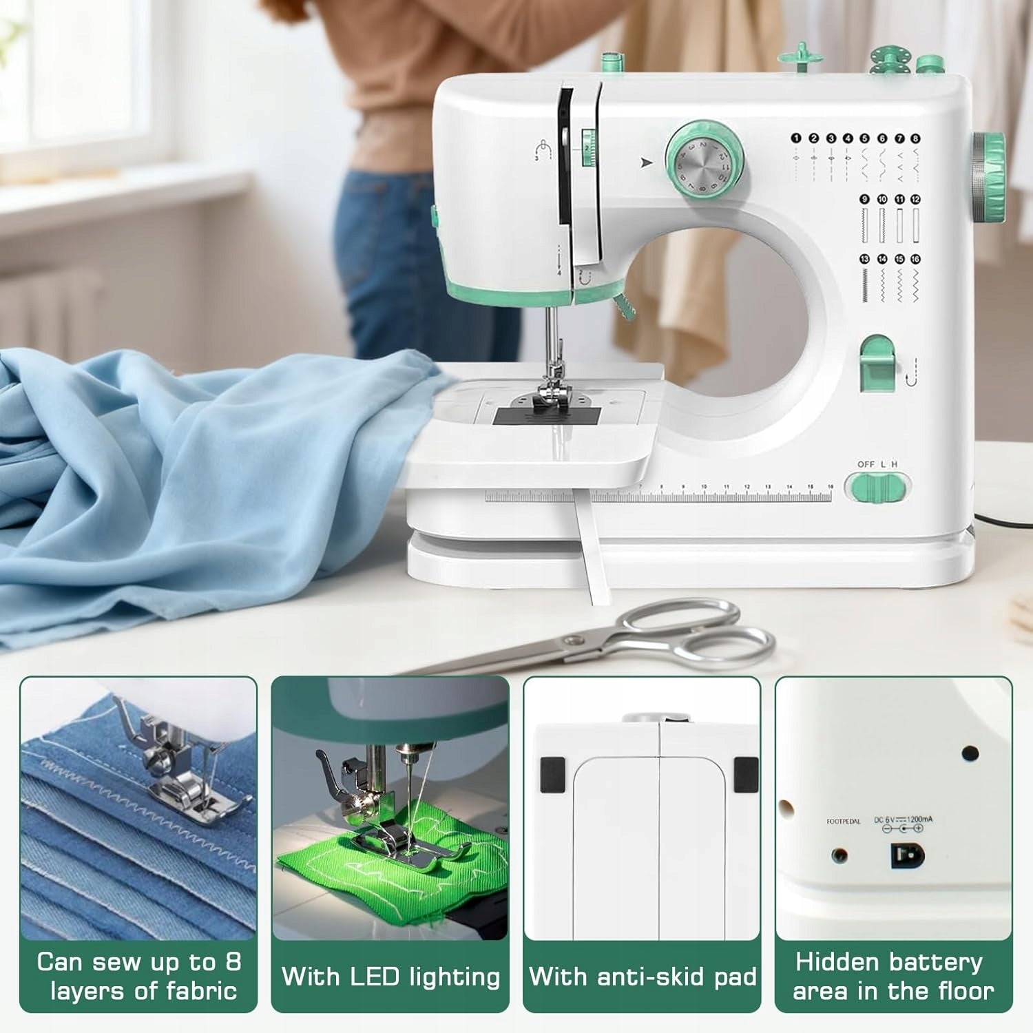 MECHANICAL SEWING MACHINE 16 STITCHES SET COMPLETE TABLE Dominant color white