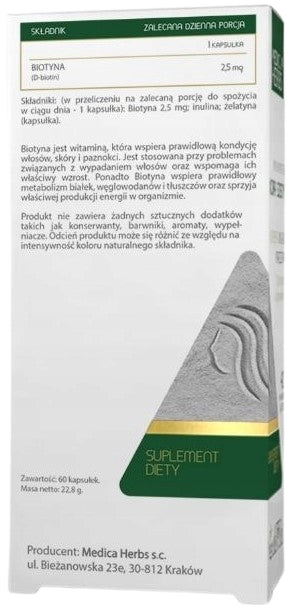 MEDICA HERBS BIOTIN 2,5mg 60 capsules HAIR SKIN D-biotin Strong nails EAN (GTIN) 5907622656231