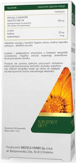 MEDICA LUTEIN + ZEAXANTHIN 100mg up to 80caps. FORMULA VISION SPOT YELLOW Manufacturer code 5903968202231