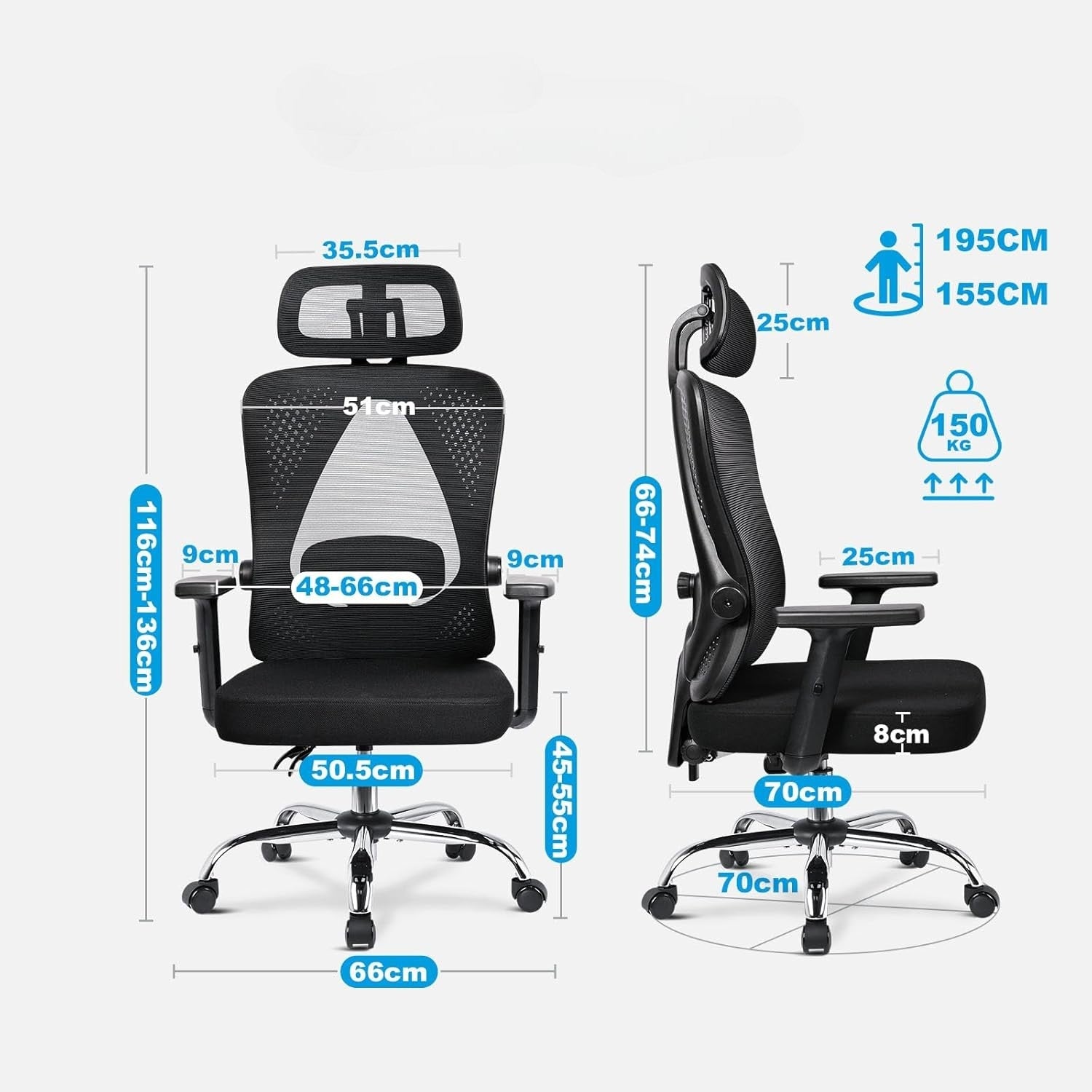 MELOKEA Ergonomic Office Chair Adjustable Mesh up to 150 KG Black Brand no brand