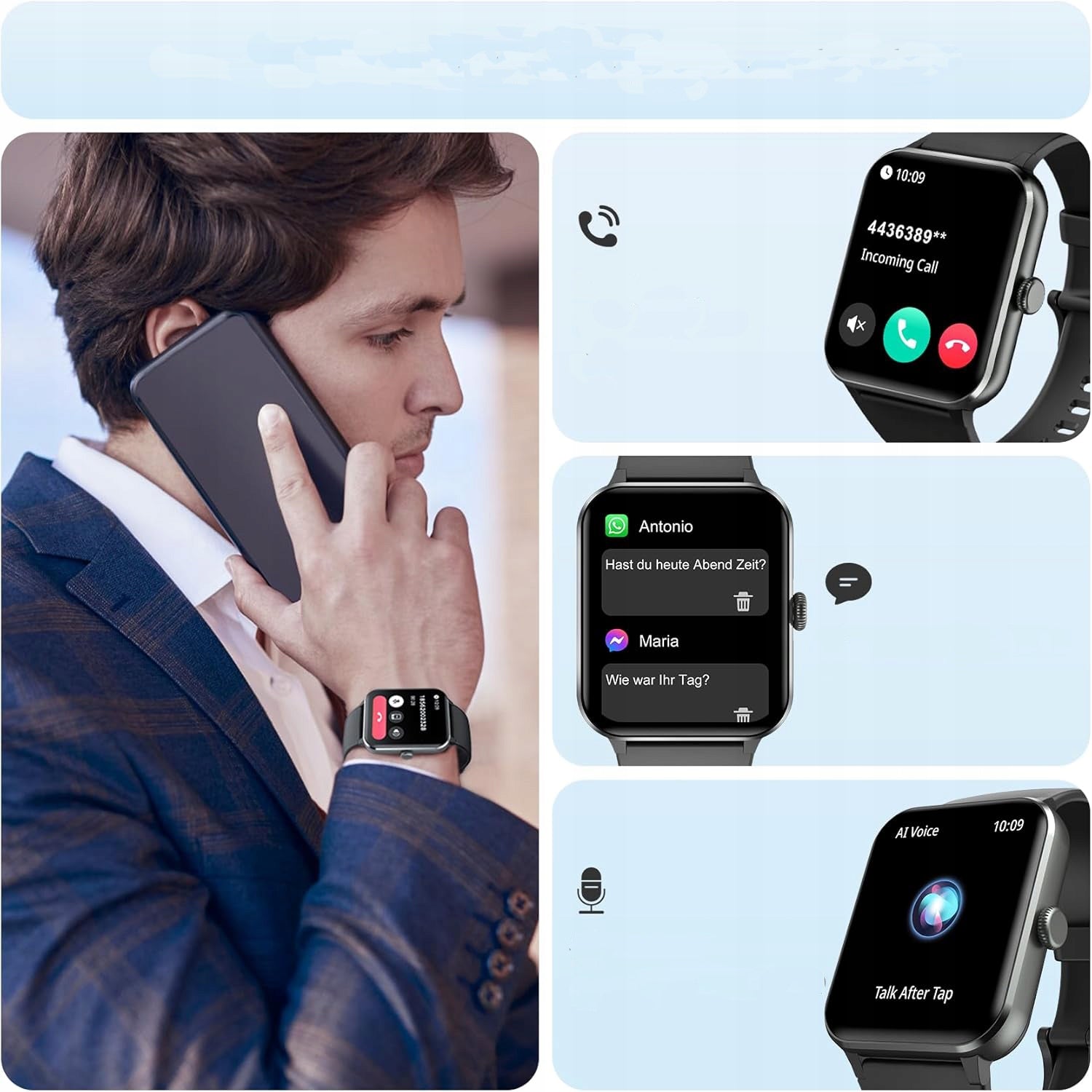 MEN'S SMARTWATCH 1.85" WATERPROOF CALLING SMS 390+ Free watch faces 2 STRAP Brand Blackview