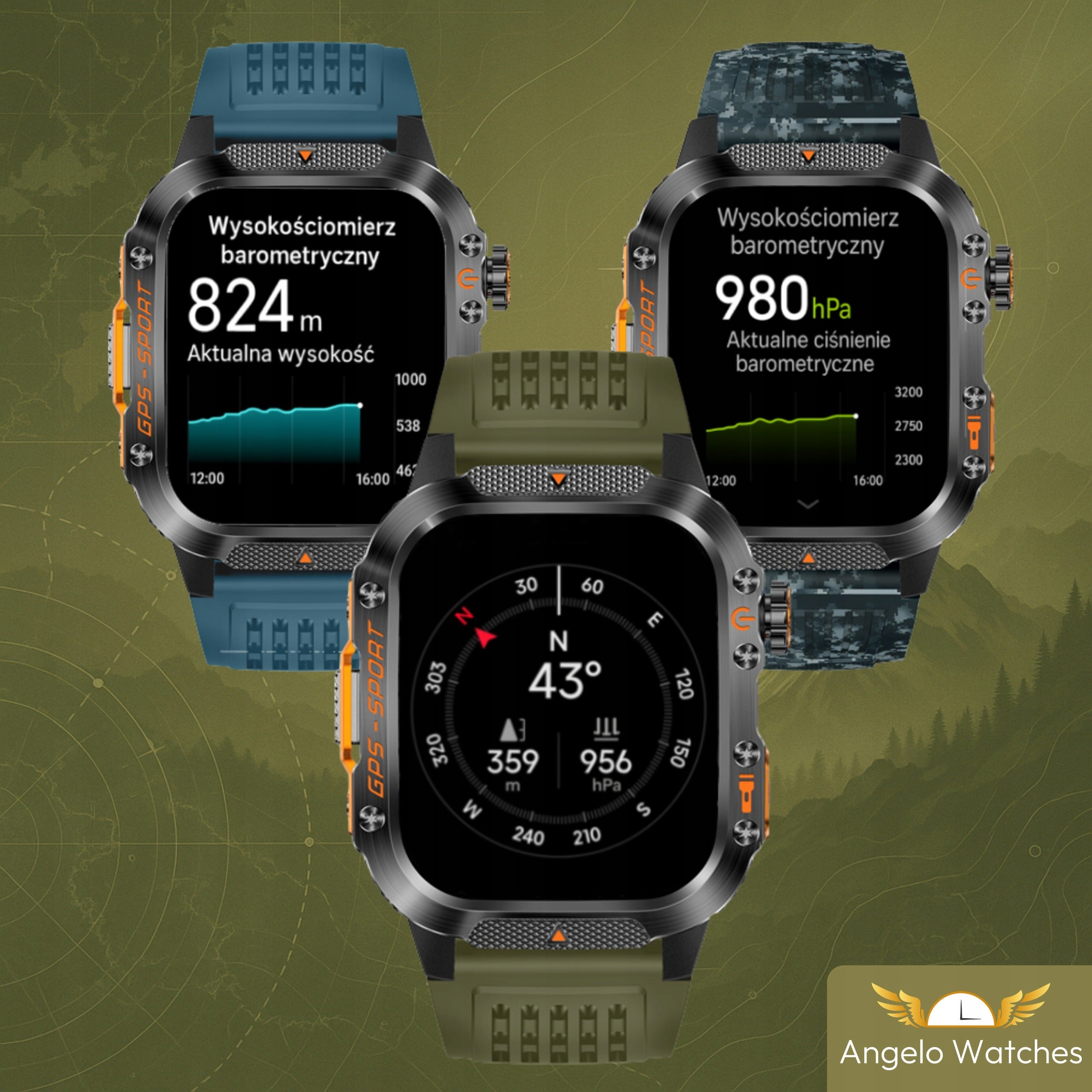 MEN'S SMARTWATCH AW-TACTICAL GPS TALK BT IP68 SPORTS 4 STRIPES COMPASS Brand Angelo Watches