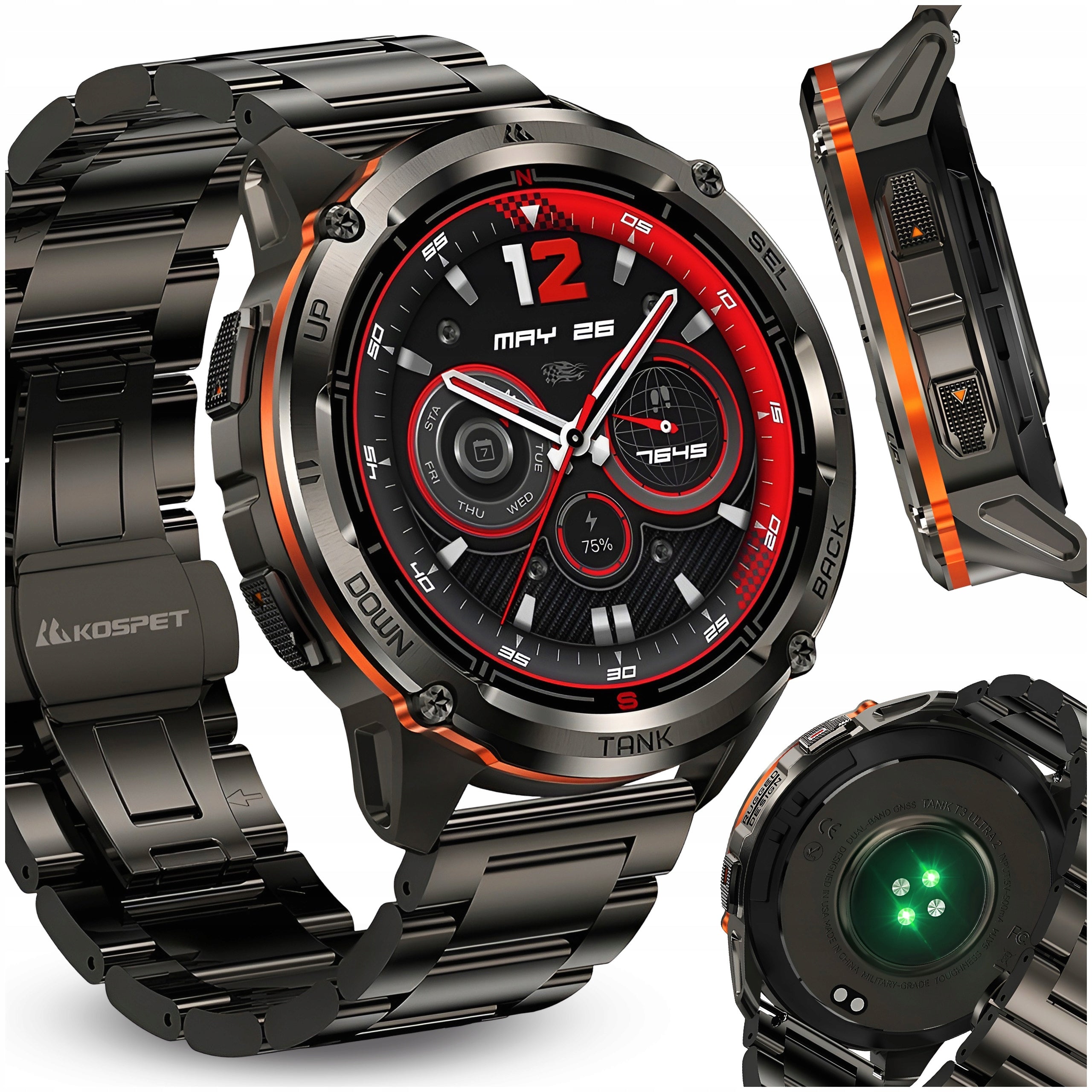 MEN'S SMARTWATCH KOSPET WATERPROOF AMOLED BLACK BRACELET TANK T3 ULTRA