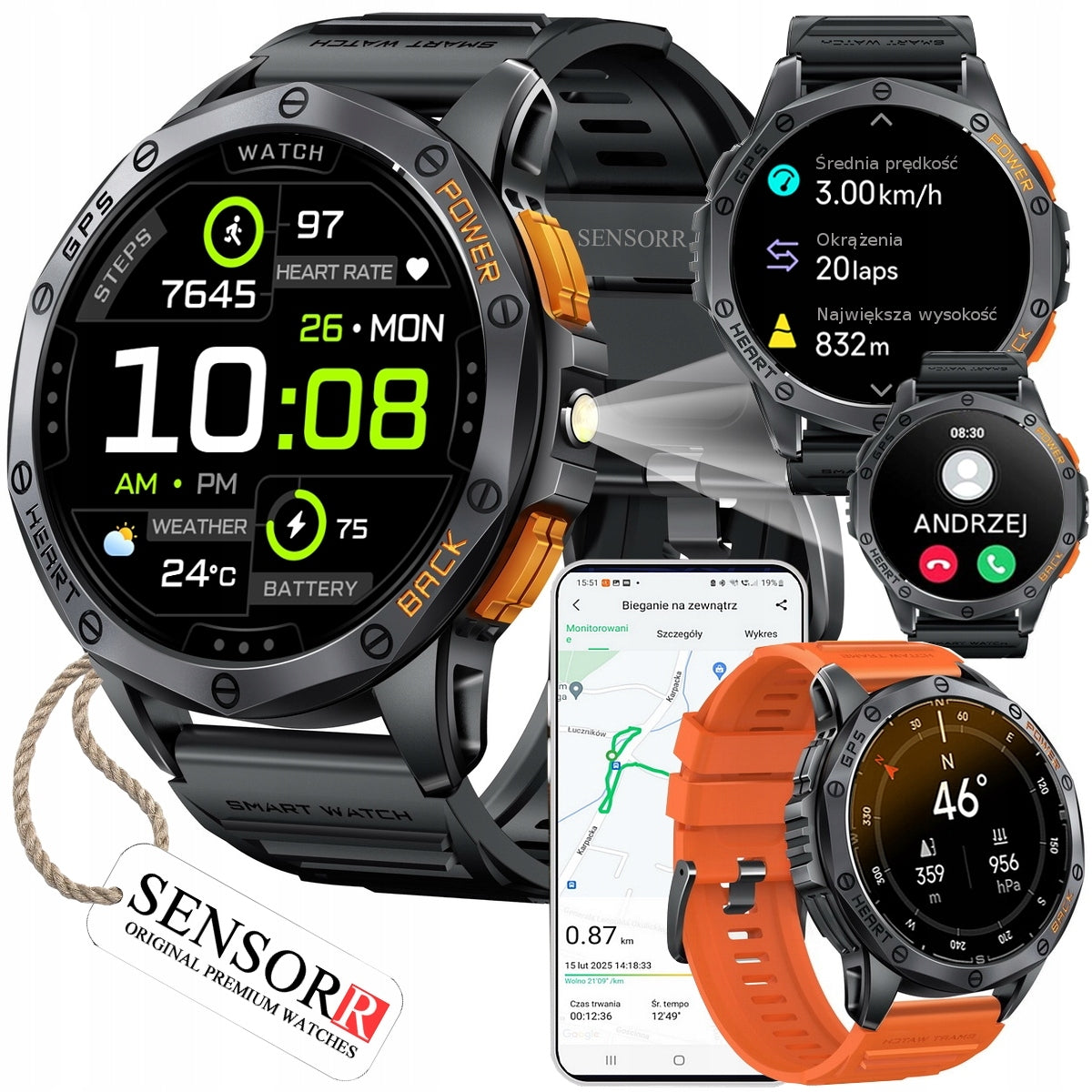 MEN'S SMARTWATCH WITH GPS WATERPROOF SPORT TALK COMPASS FLASHLIGHT PL