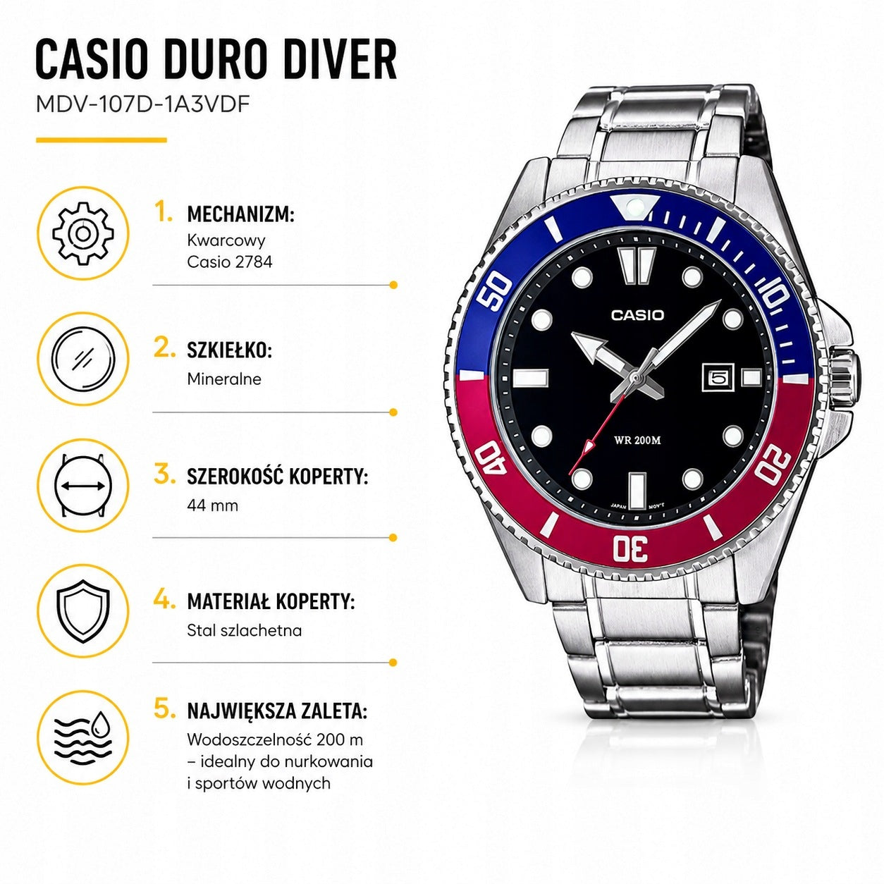 MEN'S WATCH CASIO DURO PEPSI MDV-107D-1A3 DIVER 200M ON BRACELET WR200 Packaging status original