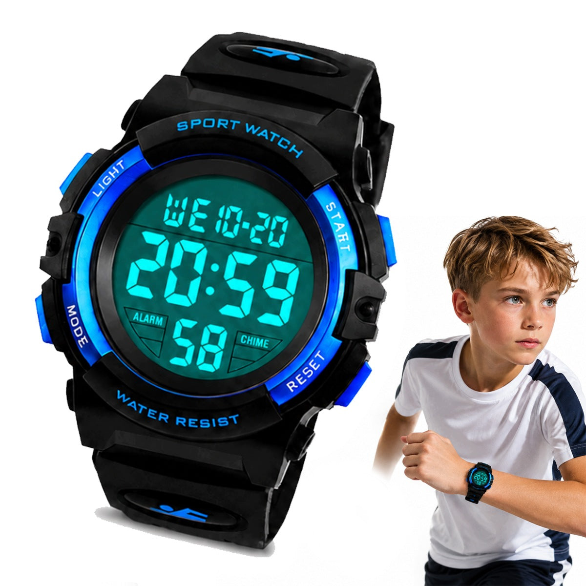 MEN'S WATCH DIGITAL BLUE SPORTS STRAP ELECTRONIC STOPWATCH ALARM