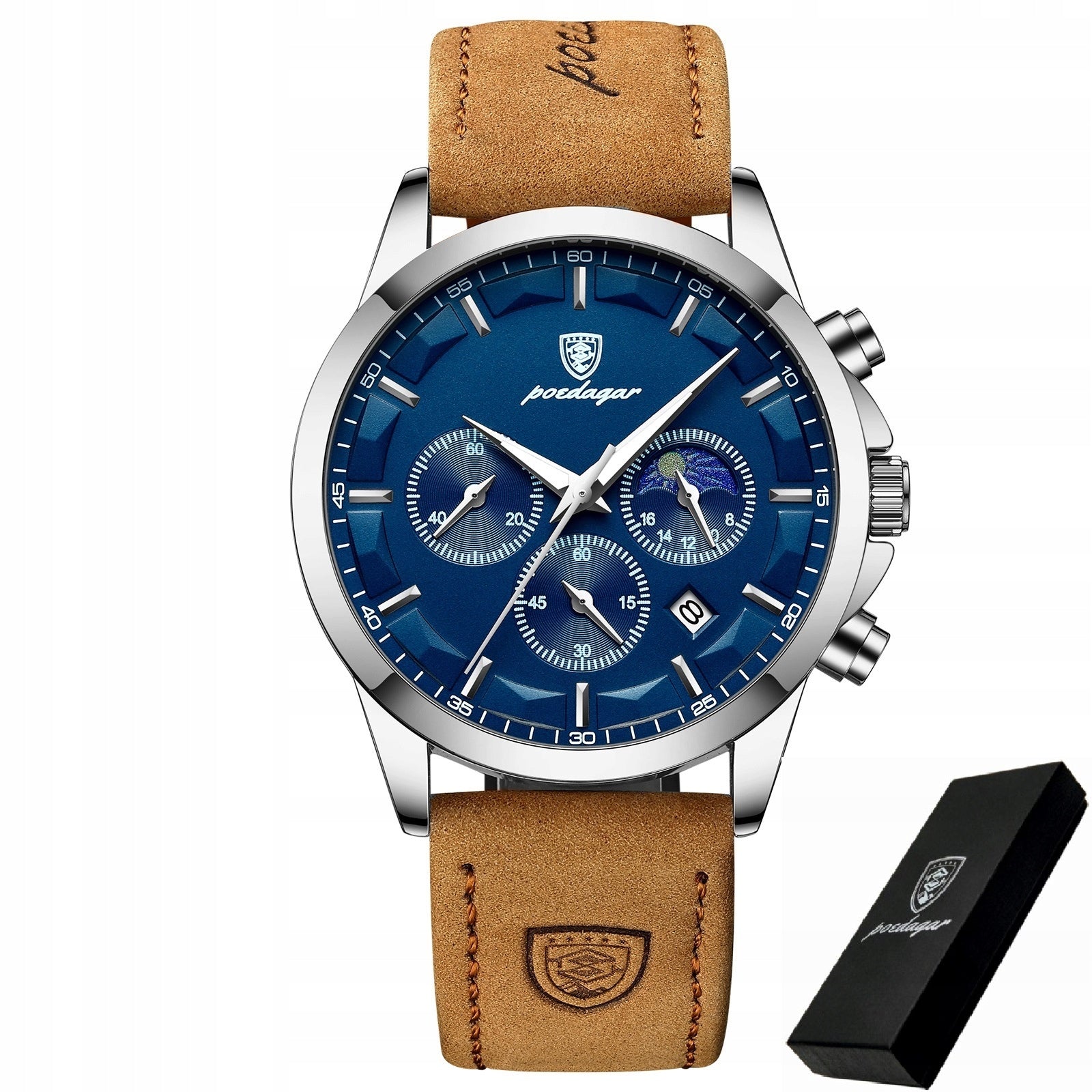 MEN'S WATCH ELEGANT POEDAGAR CHRONOGRAPH BOX INDICATOR DAY/NIGHT