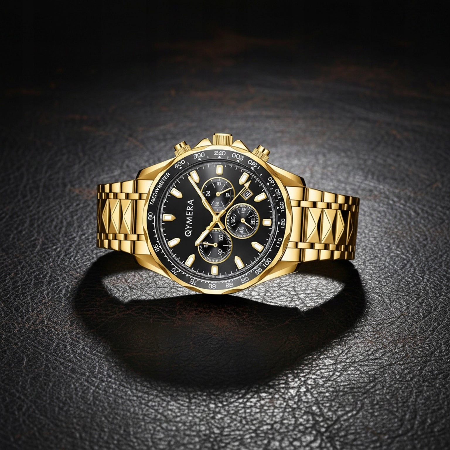 MEN'S WATCH GOLD BRACELET CHRONOGRAPH BLACK DIAL STYLISH WATERPROOF Model 2611