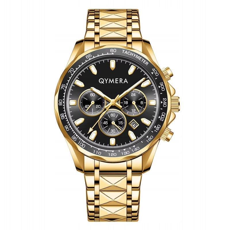MEN'S WATCH GOLD BRACELET CHRONOGRAPH BLACK DIAL STYLISH WATERPROOF