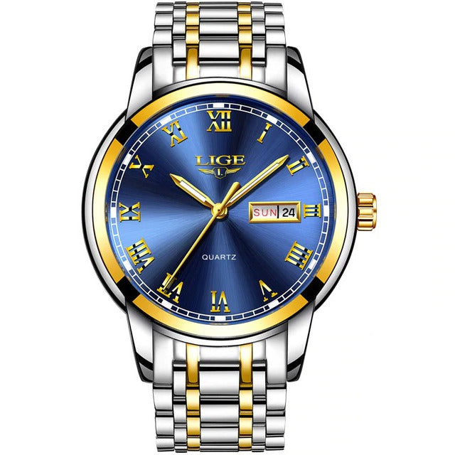 MEN'S WATCH LIGE CLASSIC ELEGANT STEEL DATE 3 COLORS + BOX Dial color navy blue