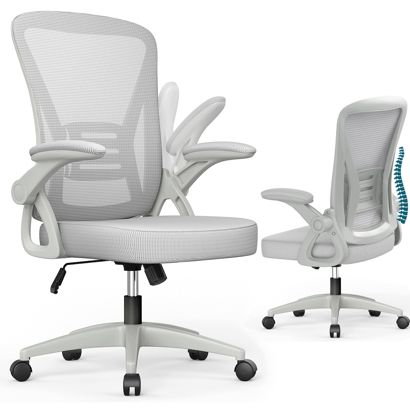 MESH DESK CHAIR, LUMBAR SUPPORT 150 KG, FOLDING ARMRESTS, HEIGHT ADJUSTABLE